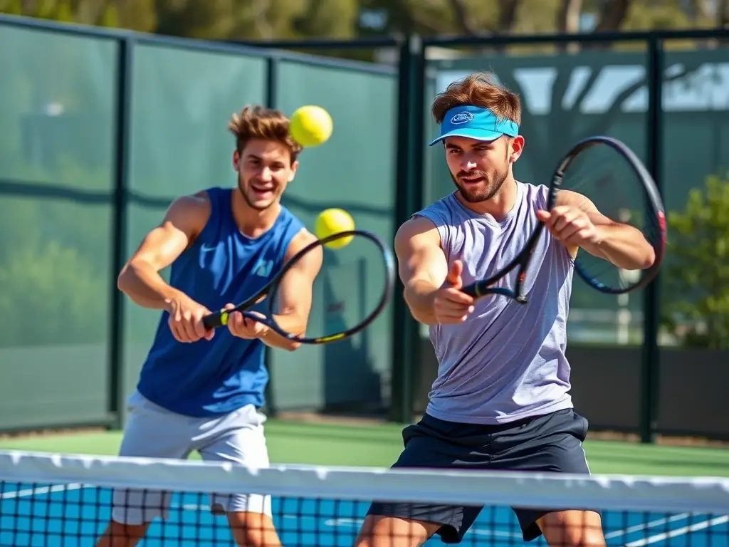 A dynamic shot of a padel match in progress, highlighting the excitement and competitive opportunities available at the club.