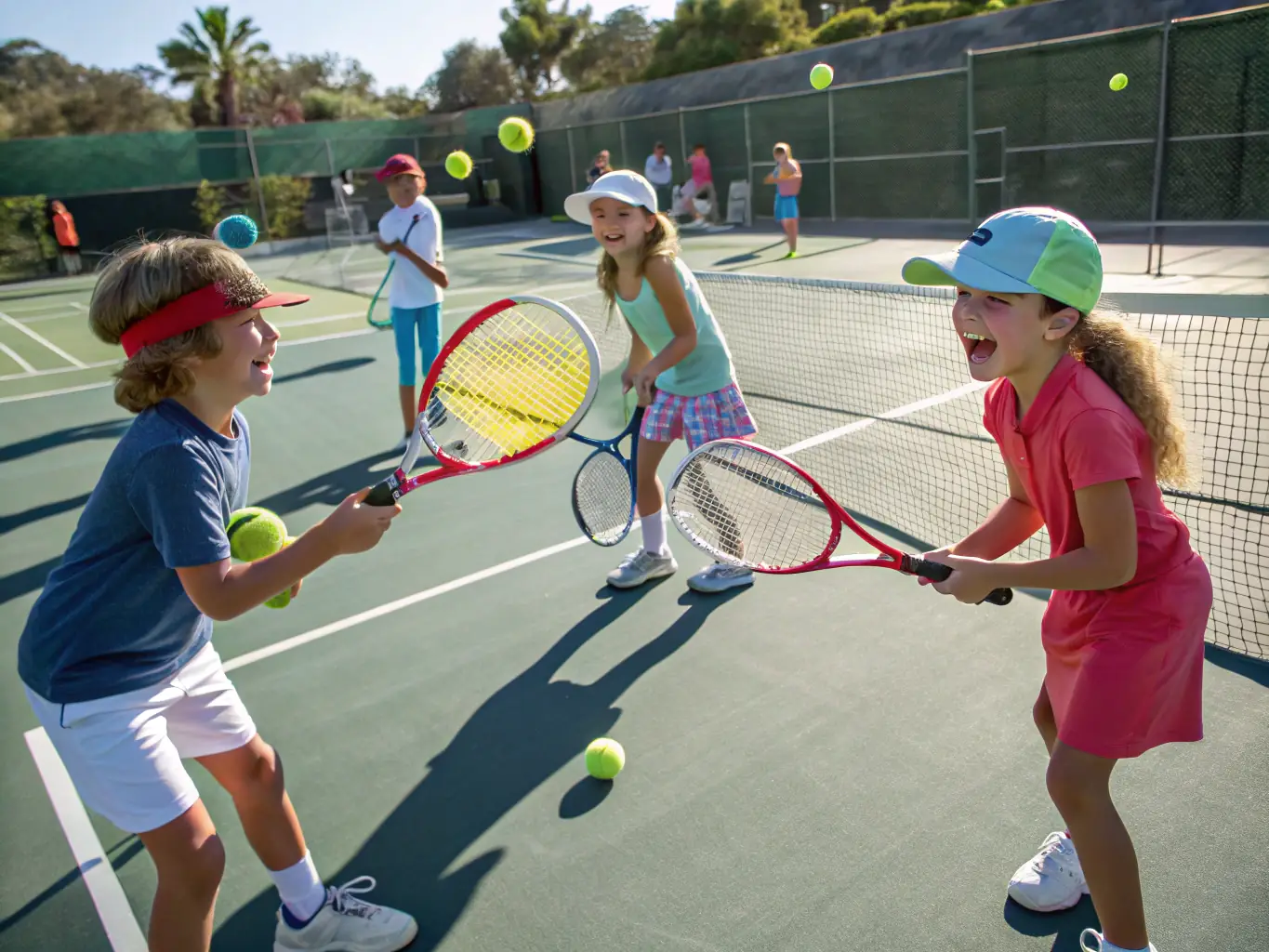 A dynamic image showing a group of children participating in a tennis training session, with a coach providing guidance and encouragement. The scene captures the energy and fun of learning tennis at a young age.