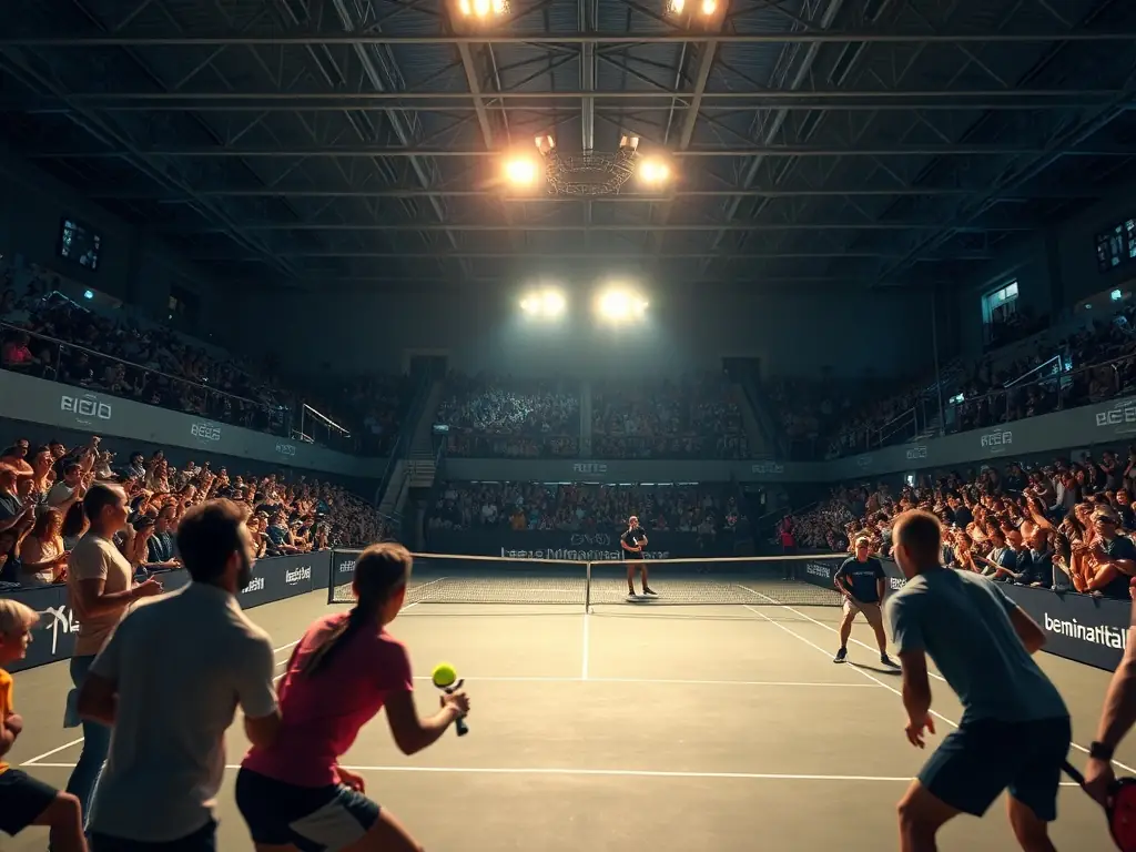 An action shot of adults competing in a padel tournament, showcasing the intensity and excitement of competitive play. The image highlights the camaraderie and sportsmanship among the players.