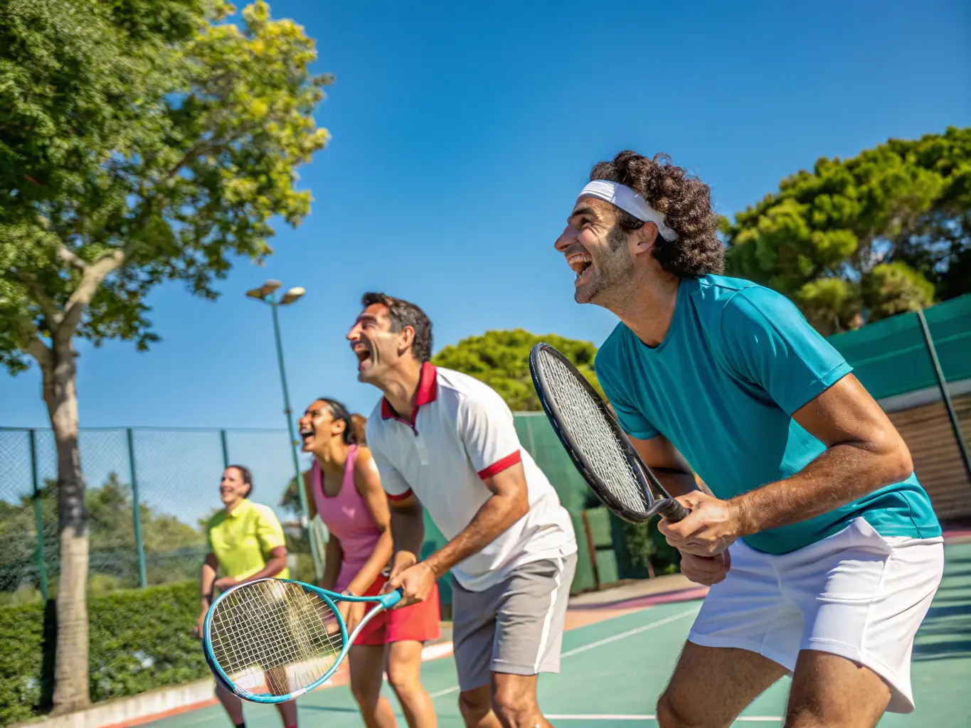 A lively photograph capturing a group of club members participating in a recreational tennis match, showcasing the fun and social atmosphere of the club.