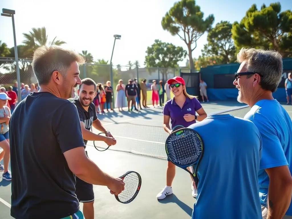 A vibrant image of club members engaged in a friendly padel match, showcasing the social and recreational aspect of the sport.