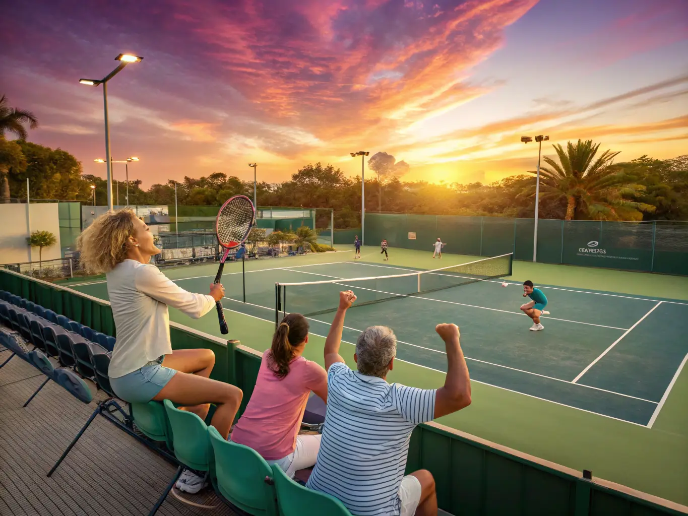 A lively photo of club members socializing at a tennis club event, with food, drinks, and laughter. The image captures the friendly and welcoming atmosphere of the club.
