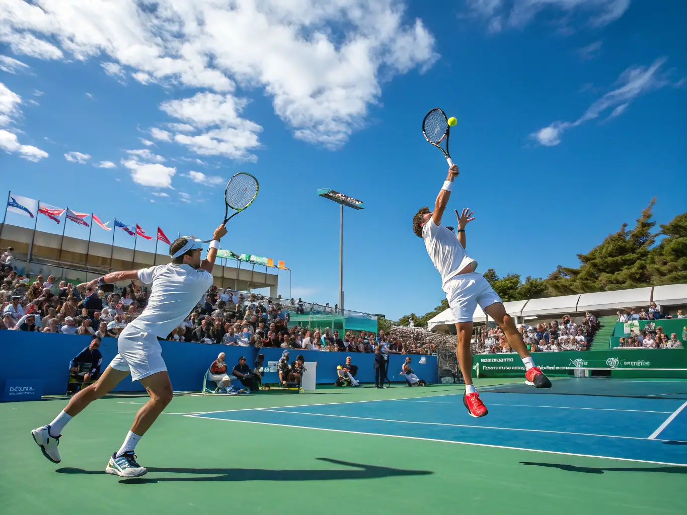 An action shot of players competing in a thrilling tennis tournament, highlighting the competitive spirit and excitement of the club's events.