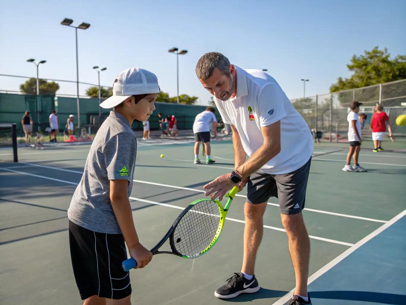 A dynamic image of a tennis coach providing personalized instruction to a young player on a sunny tennis court, emphasizing skill development and positive encouragement.