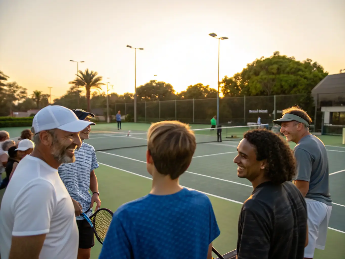 A group of diverse club members laughing and socializing after a friendly tennis match on a sunny day, showcasing the club's welcoming atmosphere.