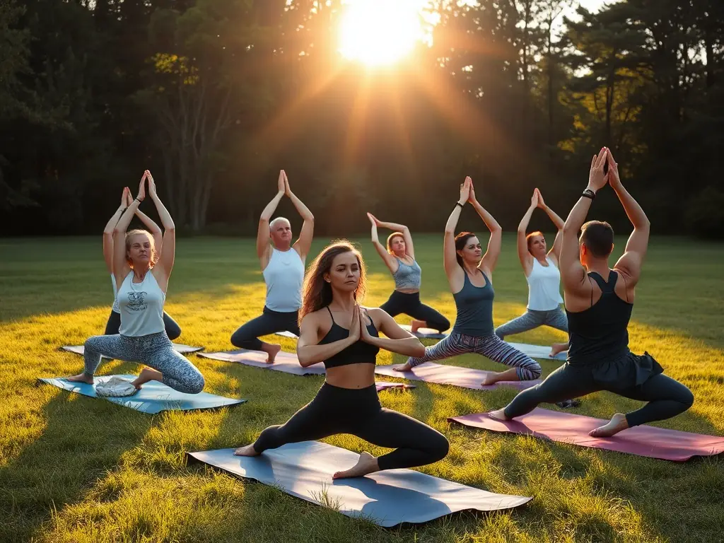 A serene image of individuals practicing yoga outdoors, highlighting flexibility, mindfulness, and overall well-being in a natural setting.