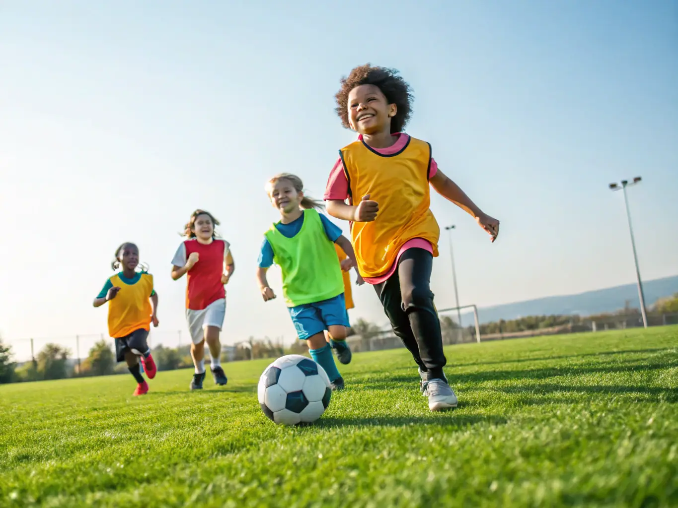A vibrant image of children participating in a soccer clinic, showcasing teamwork and active engagement, set during a sunny afternoon at a local park.