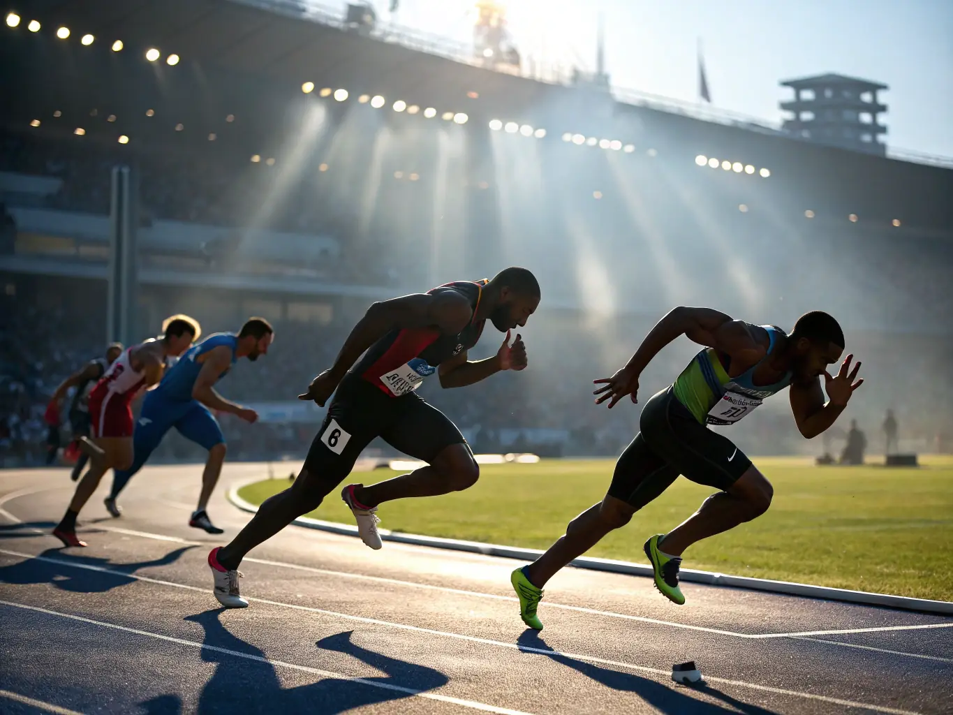 A photograph of a group of young athletes participating in a track and field event, demonstrating speed, agility, and sportsmanship.