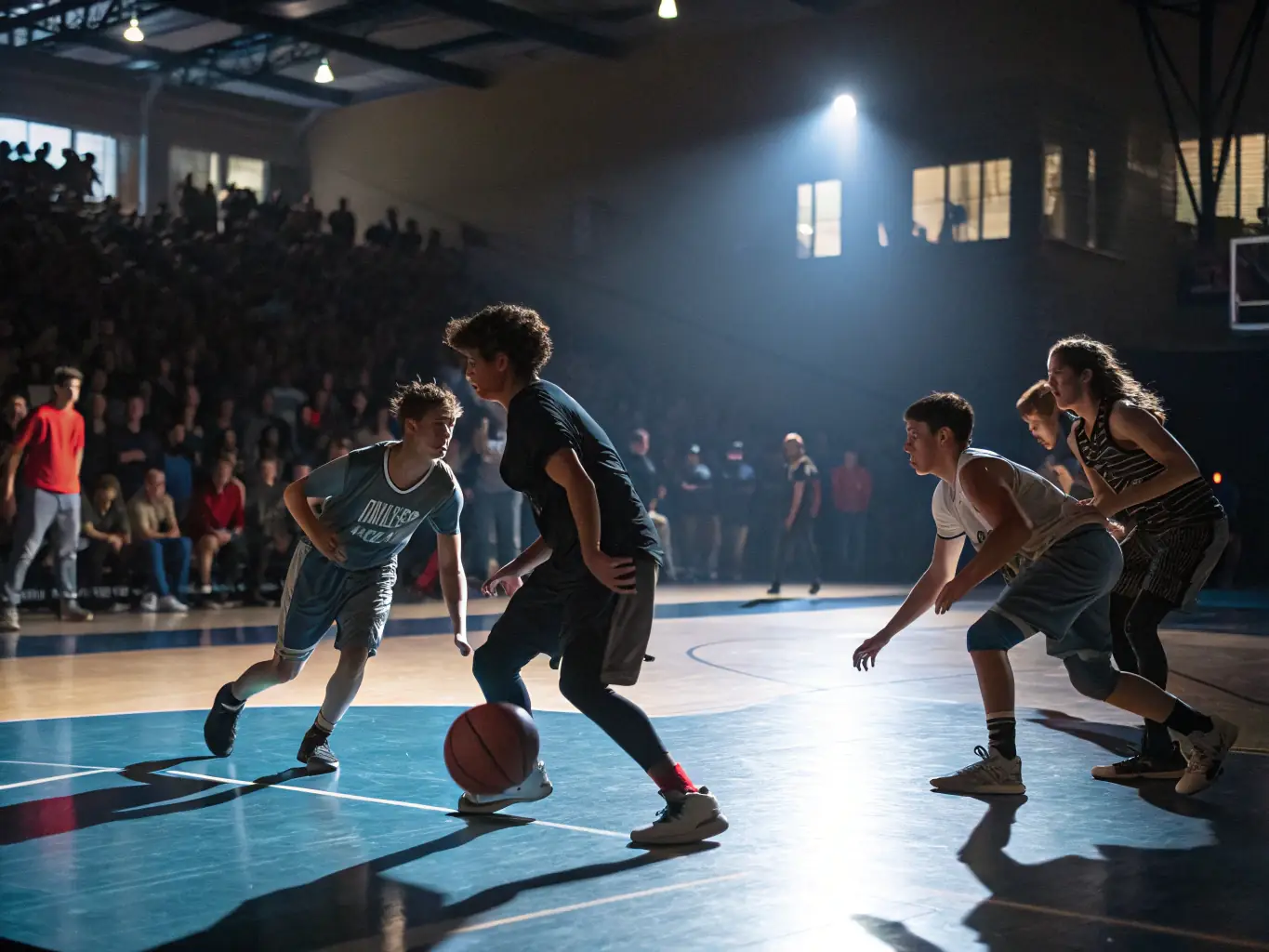 A dynamic shot of individuals playing basketball in an indoor gymnasium, highlighting the energy, teamwork, and competitive spirit of the sport.