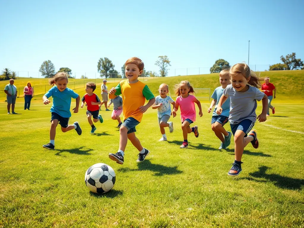An image of children and adults participating in a community soccer game in a local park, showcasing active engagement and teamwork.