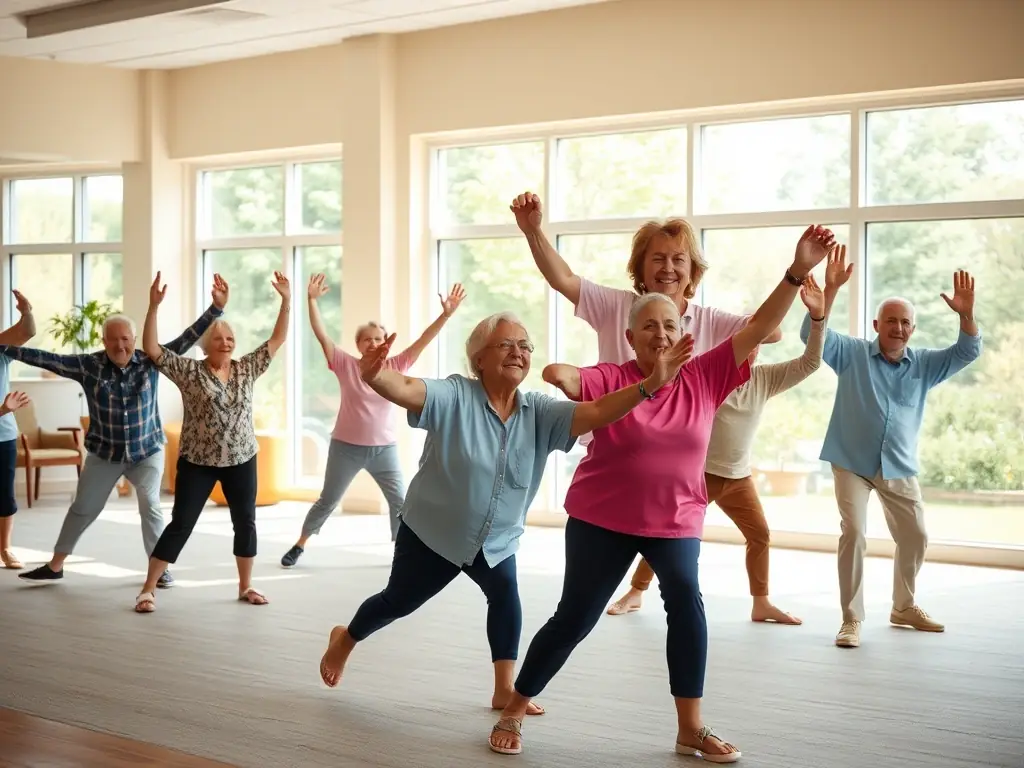 A serene image depicting elderly residents participating in a gentle exercise class led by a caring instructor in a sunlit room at AMV, showcasing the active and supportive environment.