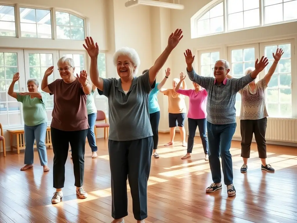 A group of elderly residents participating in a gentle exercise class led by a caregiver in a bright and spacious room at AMV. The residents are smiling and appear to be enjoying the activity.