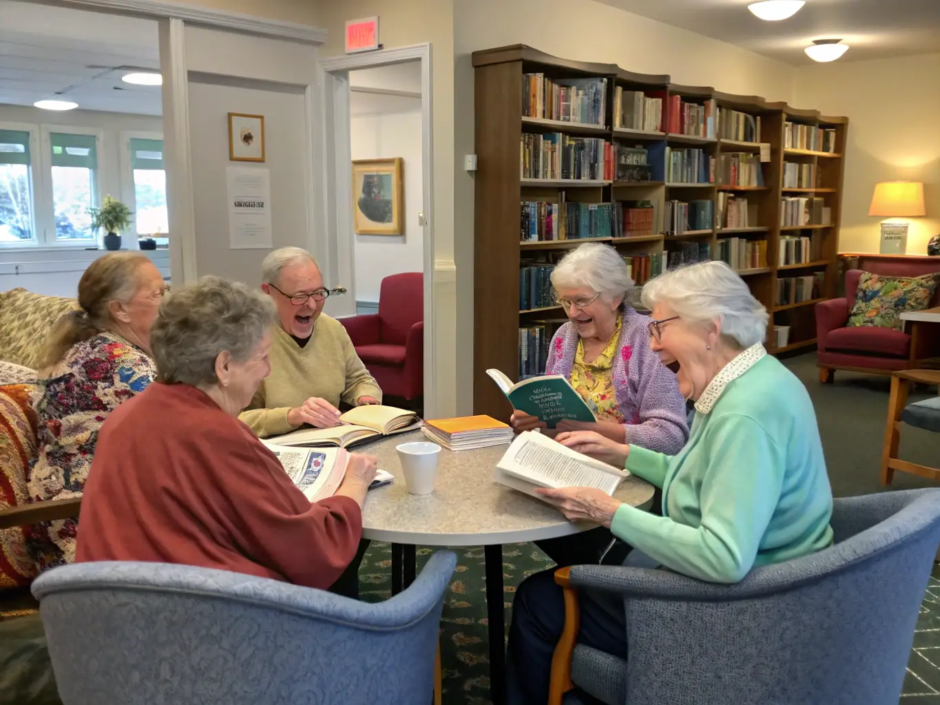 A group of residents at AMV care home engaged in a lively discussion during a book club meeting, with books and refreshments on the table.