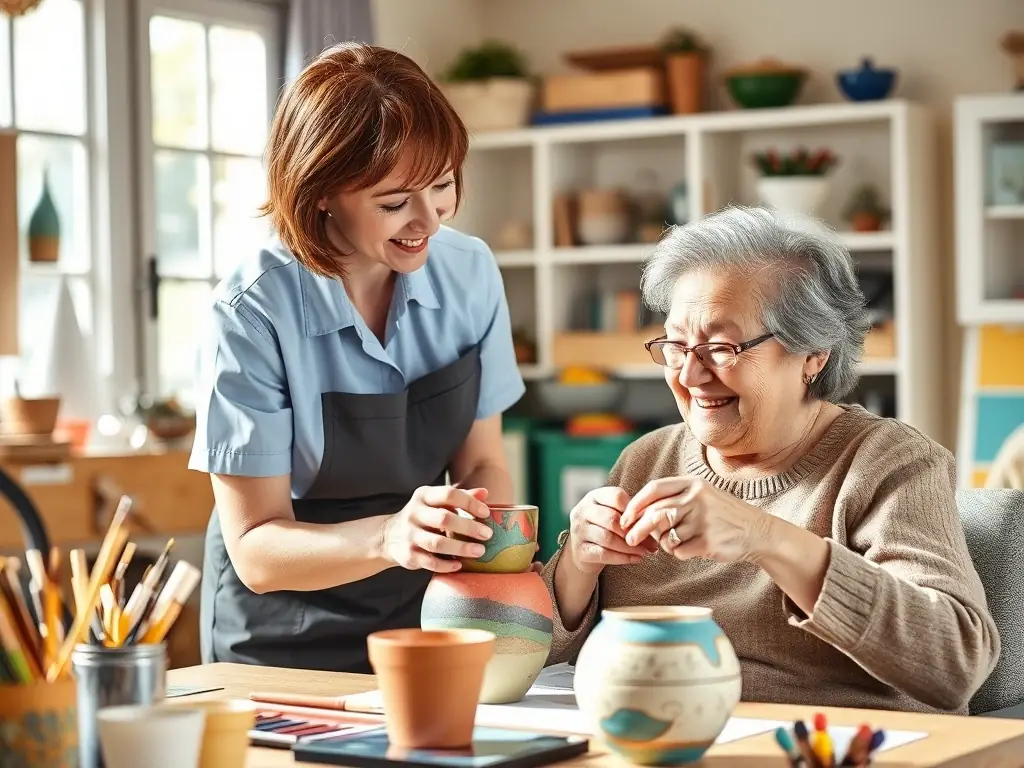 An elderly resident is working on an art project with the assistance of a staff member in a well-lit and comfortable art studio at AMV. The resident is focused and appears to be enjoying the creative process.