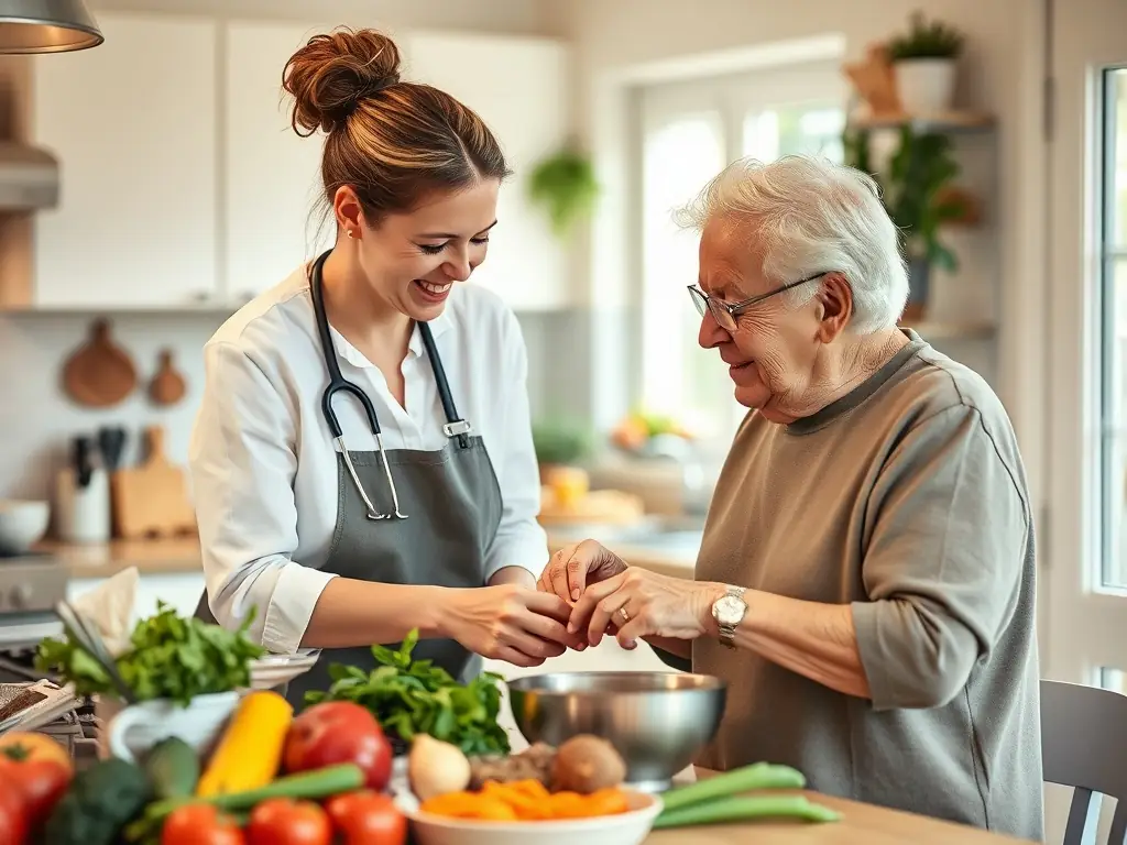 A comforting image of a caregiver assisting an elderly resident with a meal in a bright and cheerful dining area at AMV, emphasizing the personalized attention and support provided.