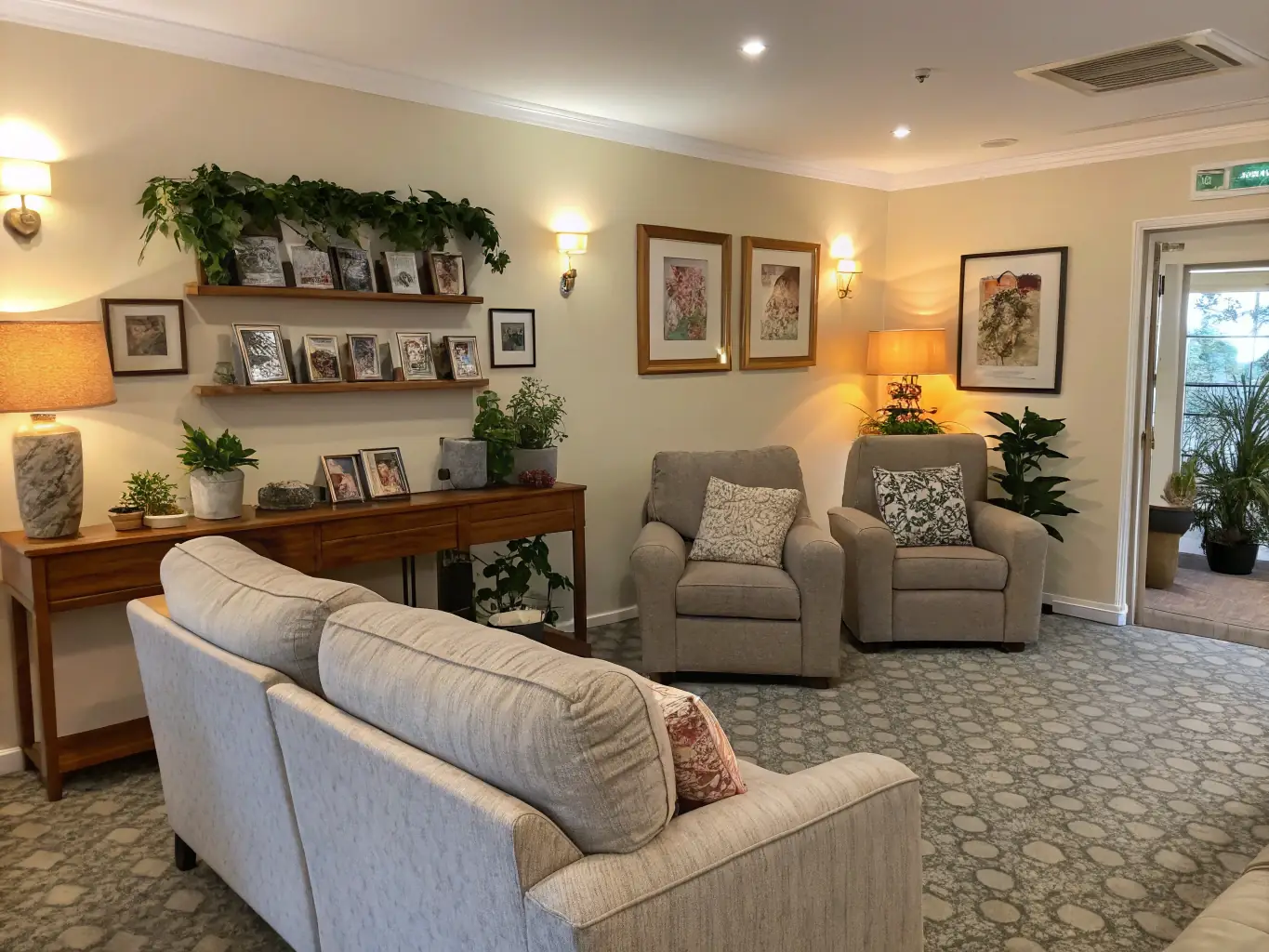 A cozy image of elderly residents relaxing and socializing in a comfortable lounge area at AMV, highlighting the sense of community and belonging fostered within the facility.