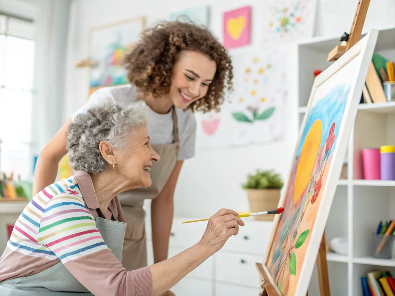 A resident of AMV care home smiling while painting at an easel during an art therapy session, with other residents and a therapist in the background.