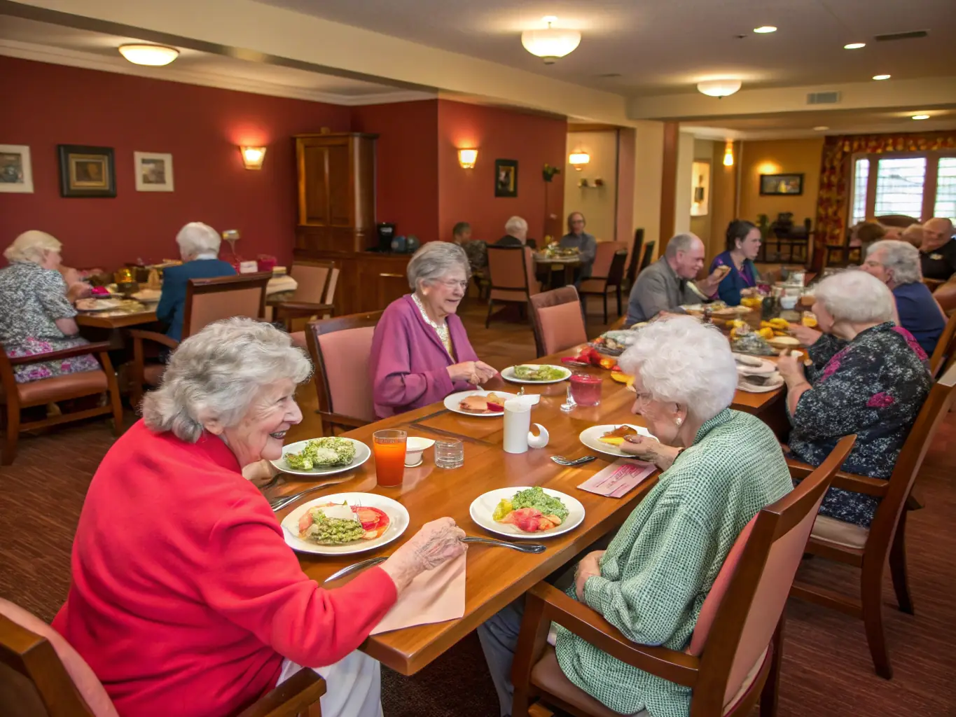 A well-equipped and accessible dining area in AMV care home, with residents enjoying a meal together, served by friendly staff.