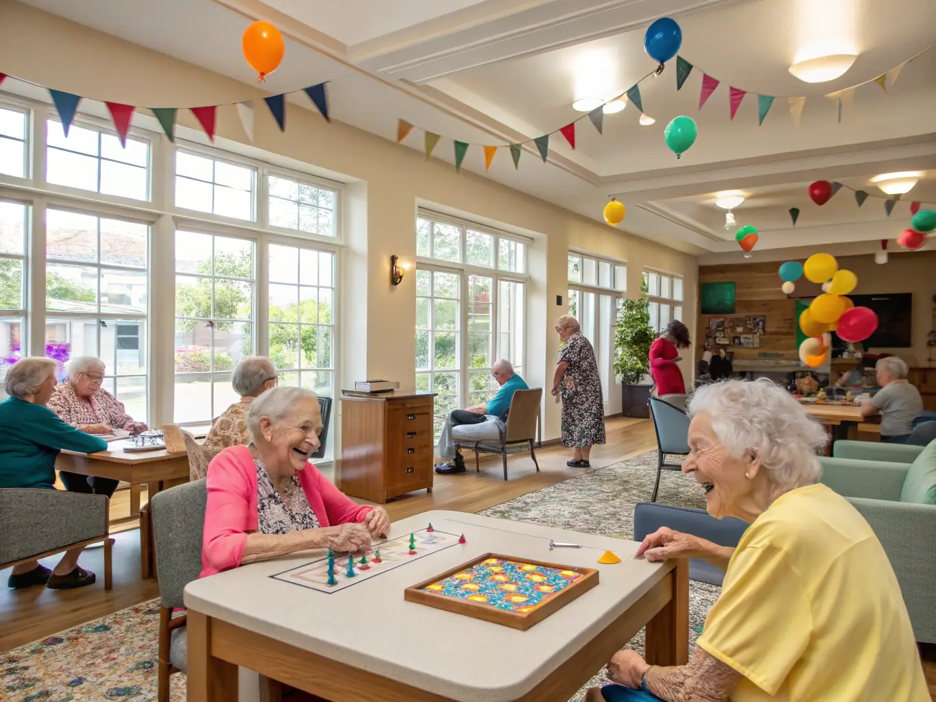 A bright and spacious communal lounge in AMV care home, featuring comfortable seating, large windows with natural light, and residents engaging in conversation and activities.