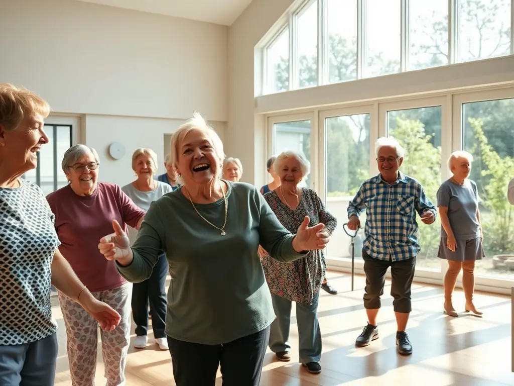 A group of elderly residents participating in a gentle exercise class in a sunny room at AMV care home, with a qualified instructor guiding them.
