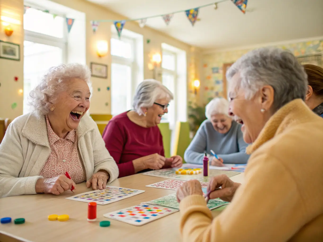 Elderly residents are gathered around a table, laughing and engaging in a lively game of bingo at AMV. The atmosphere is warm and friendly, with staff members assisting as needed.