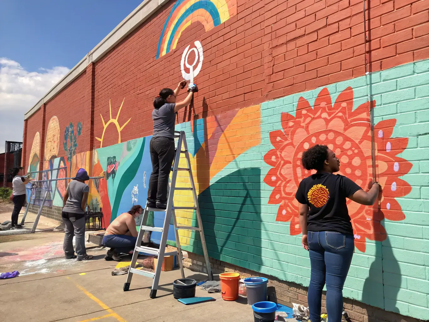 A diverse group of people participating in a community art project, painting a mural together on a large wall, fostering collaboration and creative expression.
