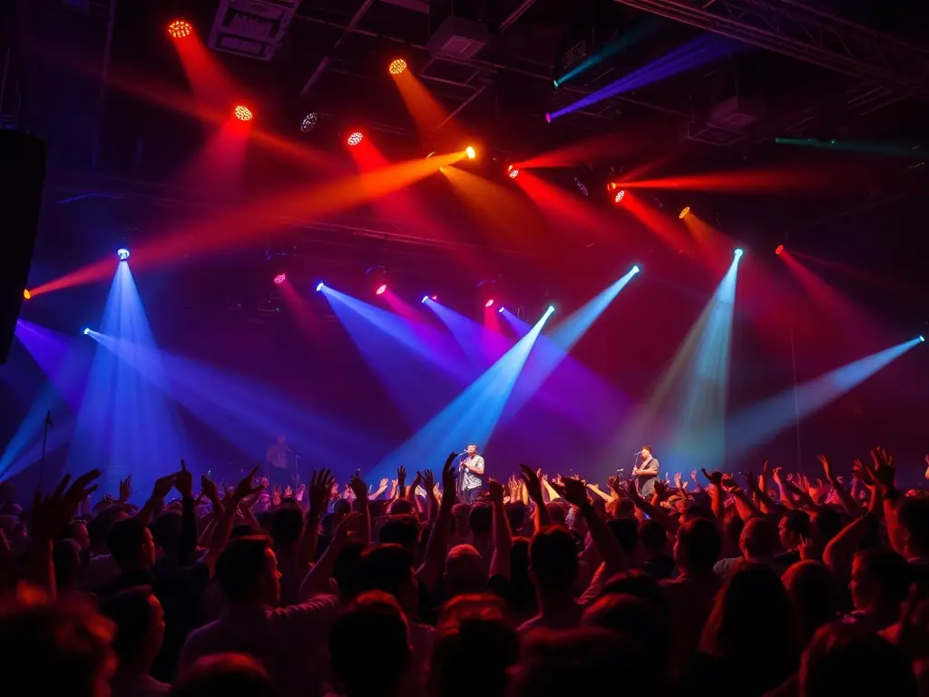 A vibrant image of a live performance with artists on stage, colorful lighting, and an engaged audience, showcasing VANA PRODUCTION's artistic performances.