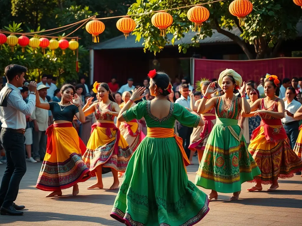 A photo of a community event with diverse participants enjoying a cultural performance outdoors, illustrating VANA PRODUCTION's community engagement programs.