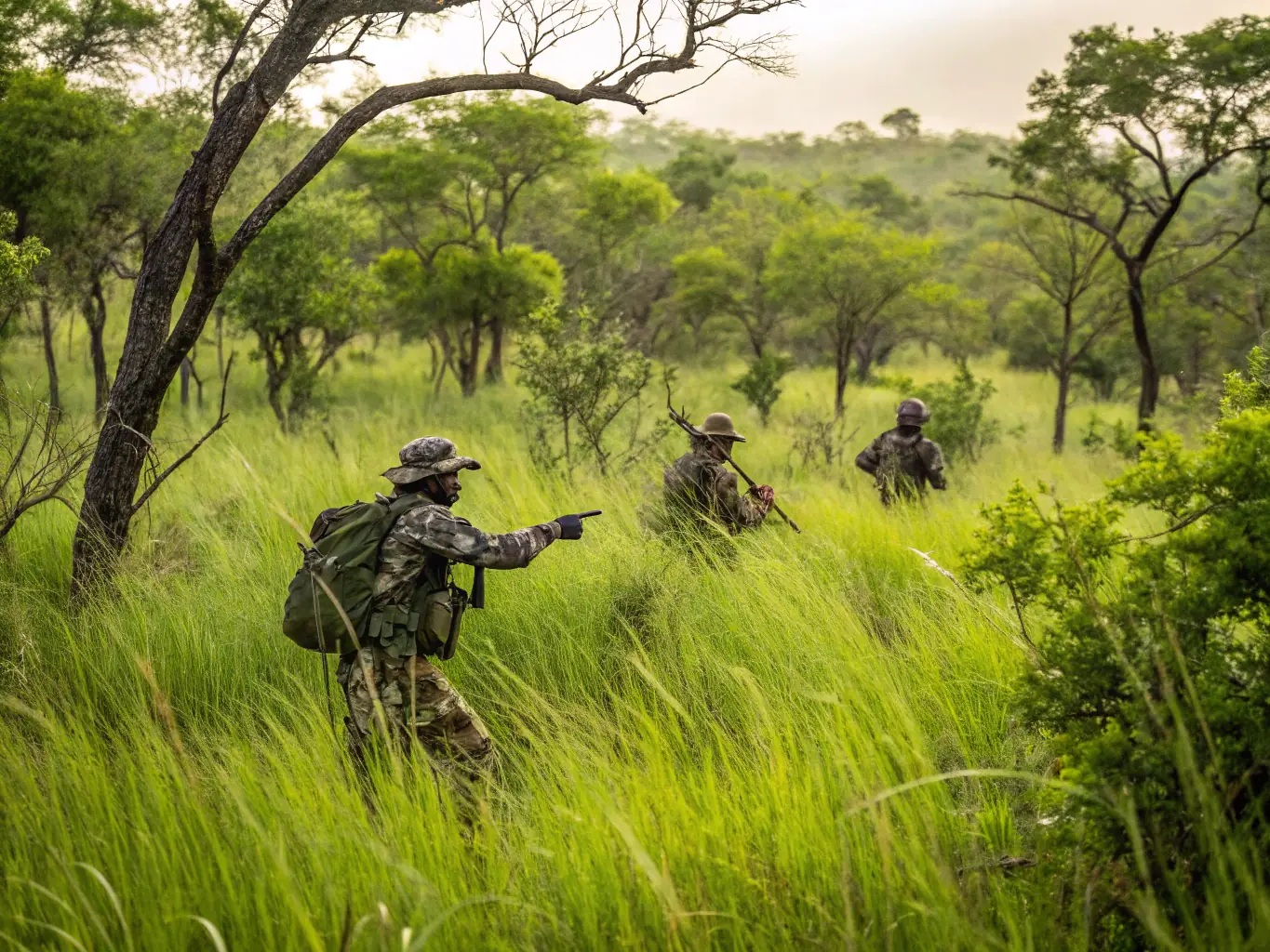 A group of hunters in camouflage gear participating in a responsible hunting activity in a natural forest setting, emphasizing safety and ethical practices.