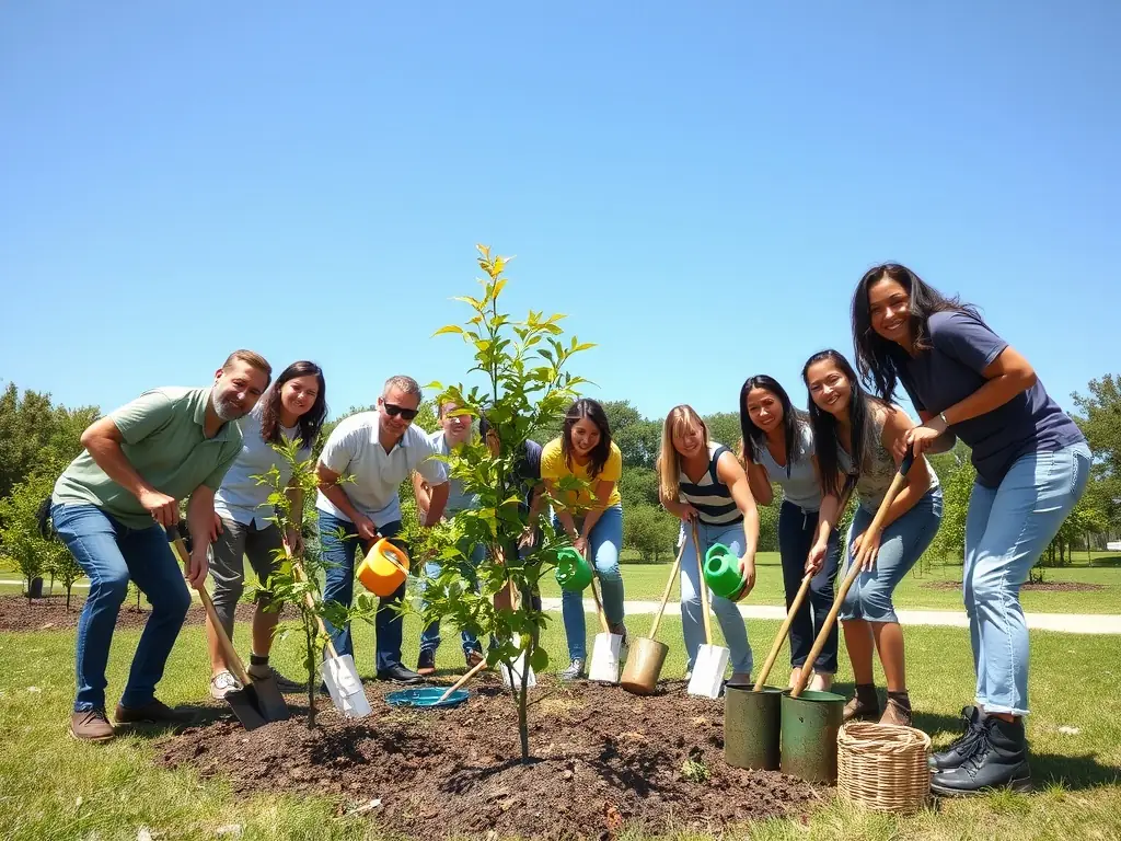 A photograph of a group of ACCA DE LORP SENTARAILLE members participating in a wildlife protection initiative, planting trees in a designated area.
