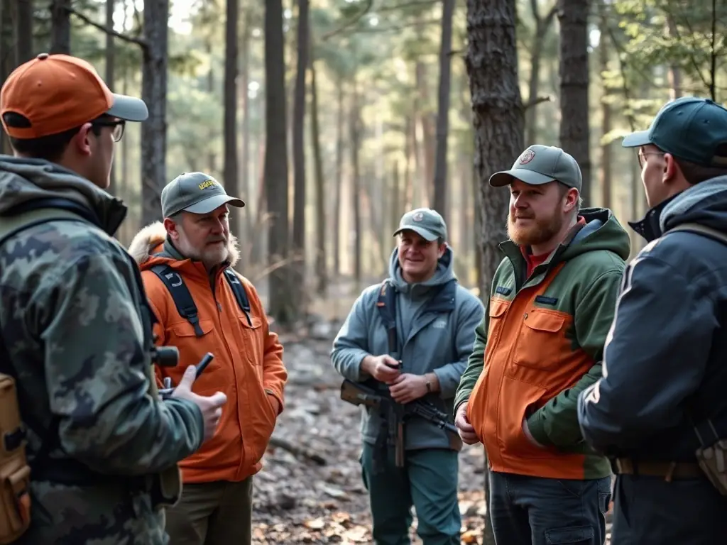 A photograph capturing a group of hunters participating in a technical hunting activity in the forests of Lorp-Sentaraille, emphasizing safety and responsible hunting practices.